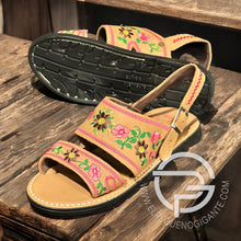 Load image into Gallery viewer, Dos Correas Bordado de Flores en Piel Café | Huarache Mexicano para Dama