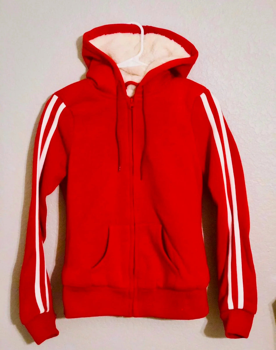 Red zip up online hoodie with white strings