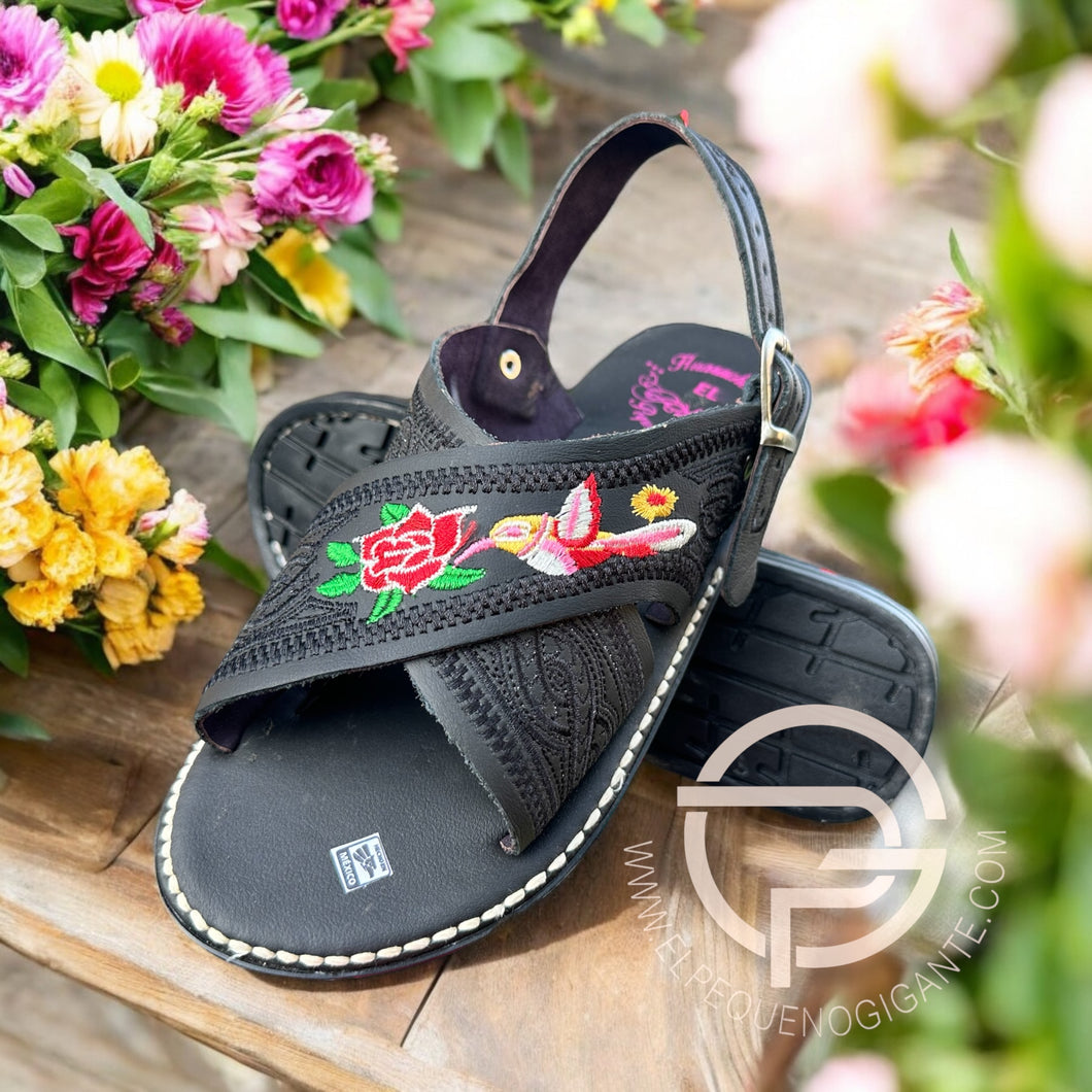 Humming Rose Black Huarache Bordado Mexican Sandal