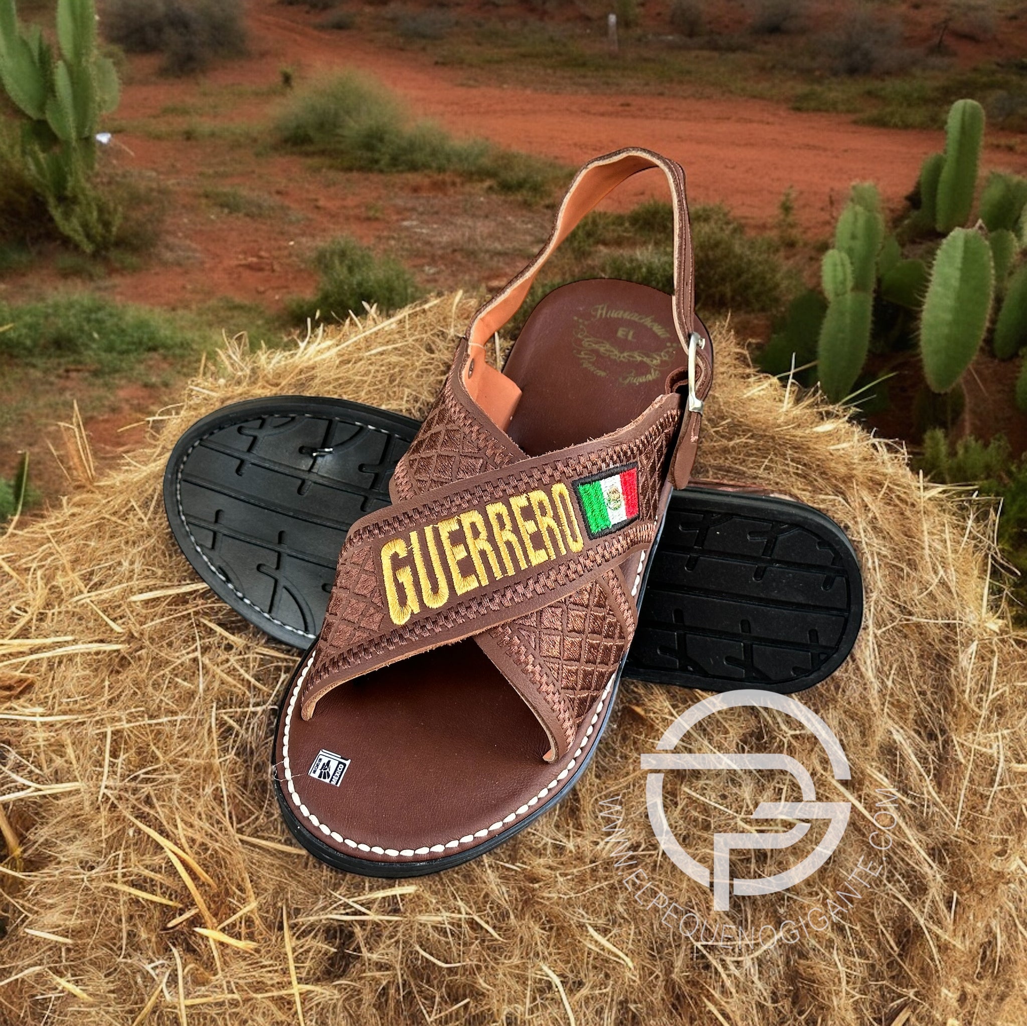 Huarache Cruzado de Piel Bordado Guerrero Cafe Huaracheria el