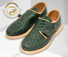 Load image into Gallery viewer, Green Mens Monk Strap Croc Leather Shoe Handmade Mexican Monk Slip On Strap Leather Stamp Green Crocodile Huarache Strap Slip On Shoe
