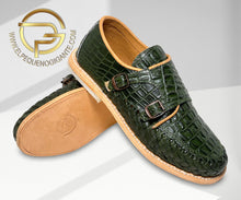 Load image into Gallery viewer, Green Mens Monk Strap Croc Leather Shoe Handmade Mexican Monk Slip On Strap Leather Stamp Green Crocodile Huarache Strap Slip On Shoe
