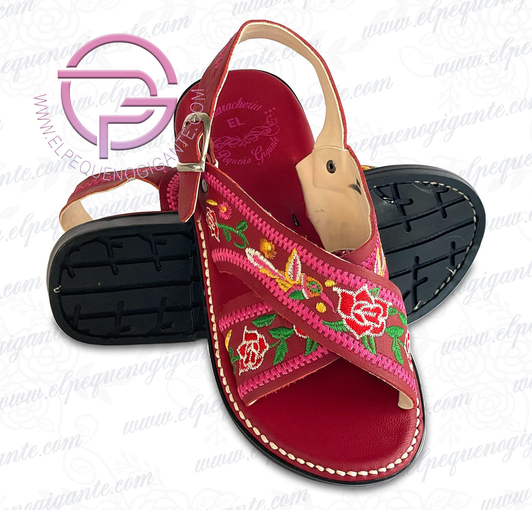 Flor Colibri Burgundy - Huarache Bordado en Piel Burgundy