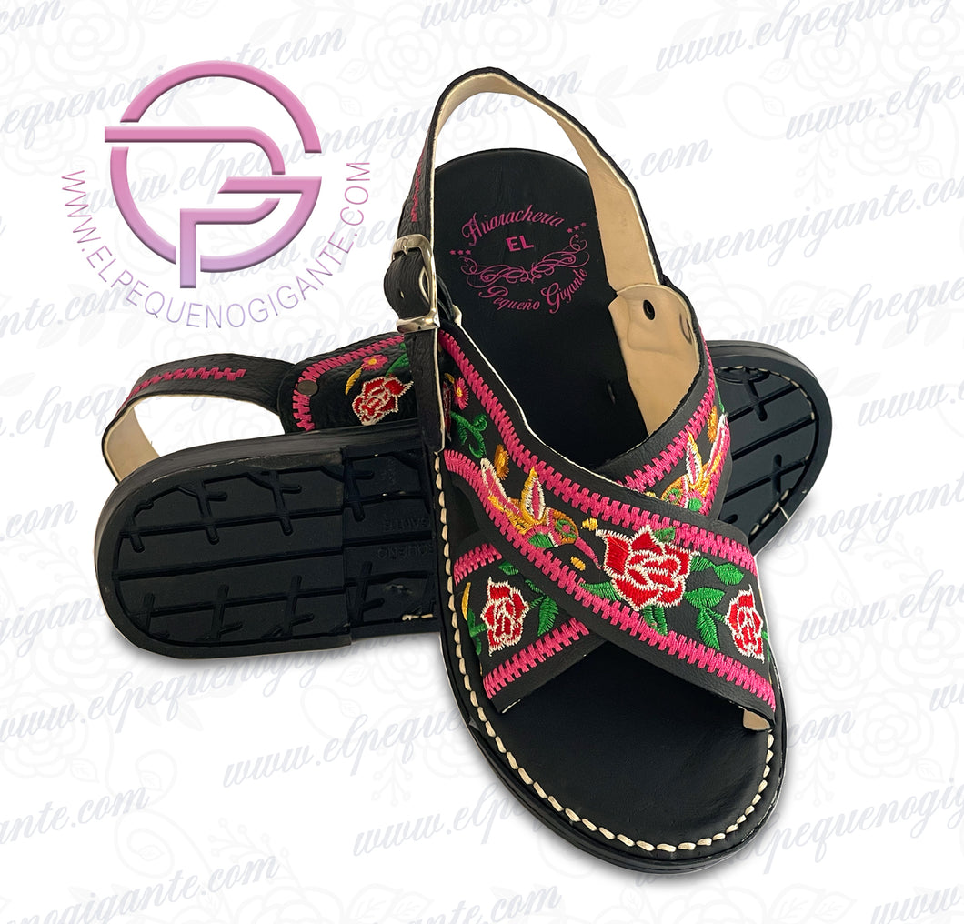 Flor Colibri Negro - Huarache Bordado en Piel Negra