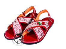 Load image into Gallery viewer, Mexico Flag Thorn Bordado en Piel Rojo Huaraches | Red Leather Mexican Sandals
