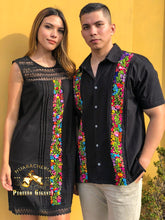 Load image into Gallery viewer, Guayabera Negra Manga Corta Bordado 2 Tiras | Mexican Embroidered Black Short Sleeve
