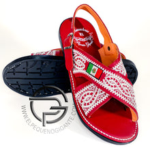 Load image into Gallery viewer, Mexico Flag Thorn Bordado en Piel Rojo Huaraches | Red Leather Mexican Sandals
