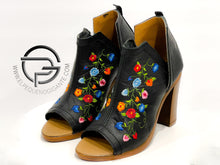 Load image into Gallery viewer, Laura Premium Mexican Leather Ankle Boots - Mexican Artisanal Embroidered Flower Leather Block Heel
