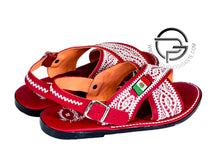 Load image into Gallery viewer, Mexico Flag Thorn Bordado en Piel Rojo Huaraches | Red Leather Mexican Sandals
